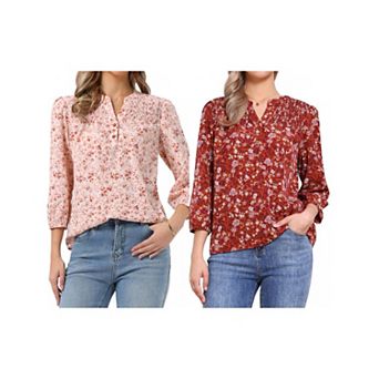 2 Packs V Neck Floral Shirt for Women's 3/4 Sleeve Smocked Front Button Up Casual Summer Blouse Top