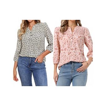 2 Packs V Neck Floral Shirt for Women's 3/4 Sleeve Smocked Front Button Up Casual Summer Blouse Top