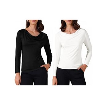 2 Packs Women's Cowl Neck Long Sleeves Fitted Layering Top Soft T-Shirt