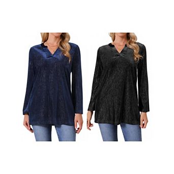 2 Packs Women's Glitter Velvet Top V Neck Long Sleeve Metallic Tunic Blouse Loose Sparkle Shirt