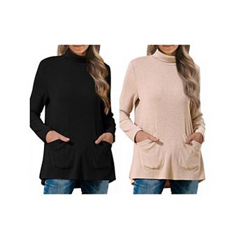 2 Packs Women's Pullover Sweater Turtleneck Fall Winter Top Long Sleeve Knit Tops with Pockets