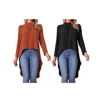 2 Packs Women's High Low Tops Long Sleeve Back Keyhole Round Neck Asymmetrical Hem Tops Blouse