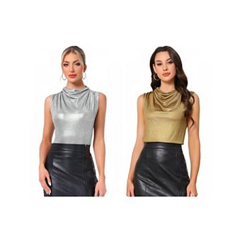 2 Packs Metallic Tank Top for Women's Cowl Neck Ruched Sleeveless Party Shiny Blouse Shirts