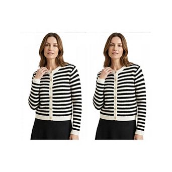 2 Packs Women's Striped Cardigan Sweaters Spring Casual Long Sleeve Ribbed Knit Jacket