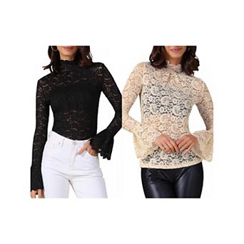 2 Packs See Through Lace Top Gothic High Neck Bell Long Sleeve Sheer Mesh Tops