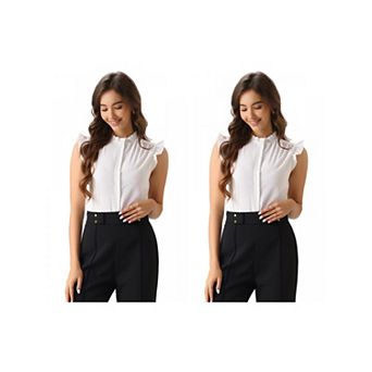 2 Packs Ruffles Bodysuit Tops for Women's Mock Neck Cap Sleeve Button Down Leotard Shirt