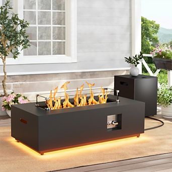 42" Propane Fire Pit Table with LED Light - 50,000 BTU with Wind Guard(Black/Warm Light)