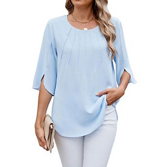 Women's Blouse Round Neck 3/4 Split Ruffle Sleeve Casual Flowy Top