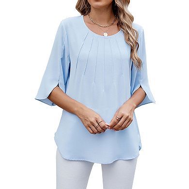 Women's Blouse Round Neck 3/4 Split Ruffle Sleeve Casual Flowy Top