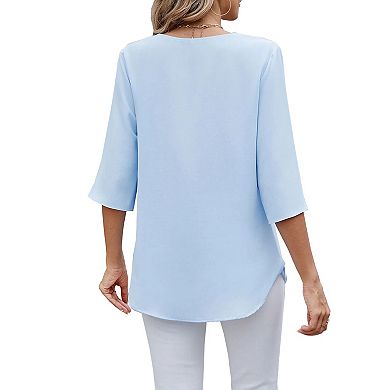 Women's Blouse Round Neck 3/4 Split Ruffle Sleeve Casual Flowy Top