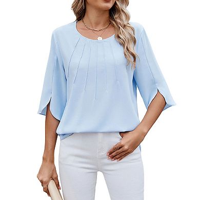 Women's Blouse Round Neck 3/4 Split Ruffle Sleeve Casual Flowy Top