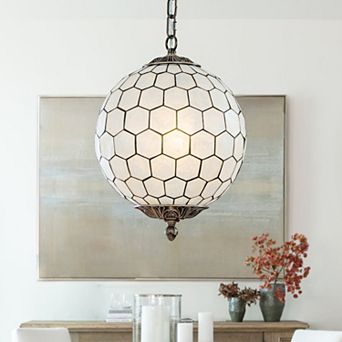 1-Light 12'' Antique Brass French Vintage Cosatal Glam Chandelier With Natural CAPIZ SHELL Globe