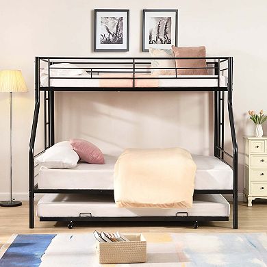 Twin Over Full Metal Bunk Bed with Trundle and Storage Space