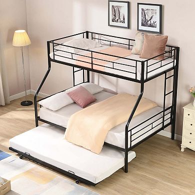 Twin Over Full Metal Bunk Bed with Trundle and Storage Space