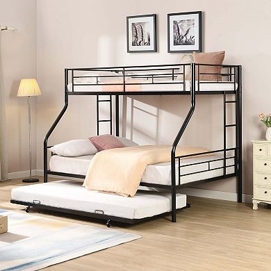 Twin Over Full Metal Bunk Bed with Trundle and Storage Space
