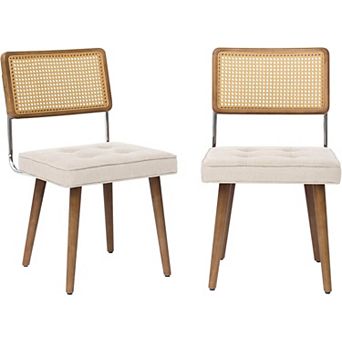 Mid-Century Rattan Dining Chairs Upholstered Linen/Soft Seat, Kitchen, Dining Room, Lounge