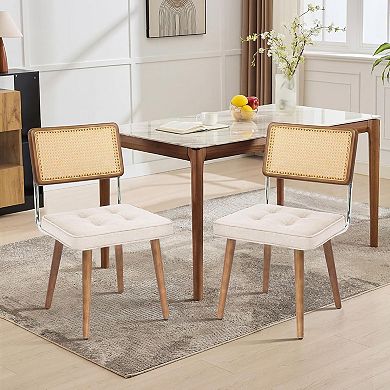 Mid-Century Rattan Dining Chairs Upholstered Linen/Soft Seat, Kitchen, Dining Room, Lounge