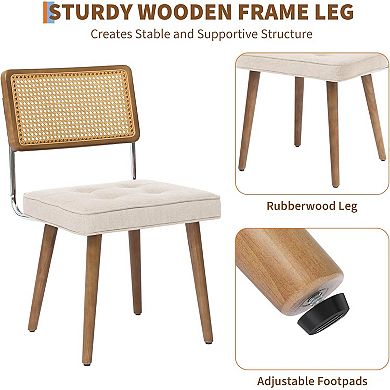Mid-Century Rattan Dining Chairs Upholstered Linen/Soft Seat, Kitchen, Dining Room, Lounge