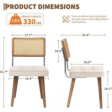 Mid-Century Rattan Dining Chairs Upholstered Linen/Soft Seat, Kitchen, Dining Room, Lounge