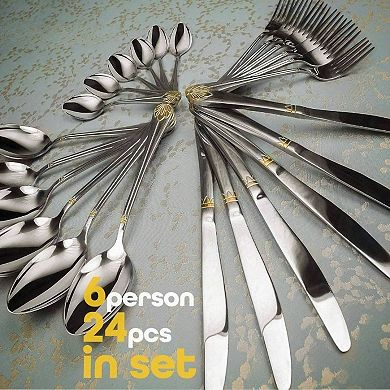 24-Piece Gold-Lotus Flatware Set for 6 Stainless Steel Dining