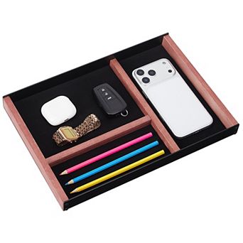 3-Compartment Iron & Paulownia Wood Desk Storage Drawer, Office Desk Organizer Tray for Pens
