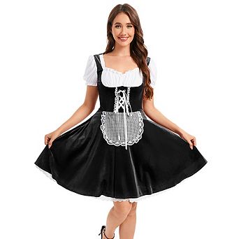 Vintage Velvet Patchwork Oktoberfest Dirndl Dress, Women Puff Sleeve Gingham Apron One-Piece Costume