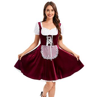 Vintage Velvet Patchwork Oktoberfest Dirndl Dress, Women Puff Sleeve Gingham Apron One-Piece Costume