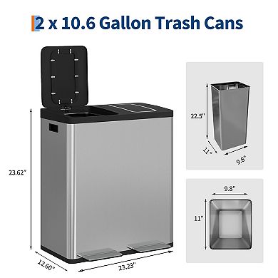 Dual Compartment Kitchen Trash Can 2 x 10.6 Gallon Stainless Steel Pedal Bin Soft-Close Lid