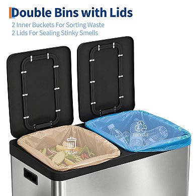 Dual Compartment Kitchen Trash Can 2 x 10.6 Gallon Stainless Steel Pedal Bin Soft-Close Lid