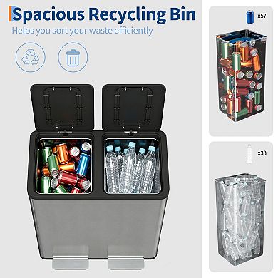 Dual Compartment Kitchen Trash Can 2 x 10.6 Gallon Stainless Steel Pedal Bin Soft-Close Lid