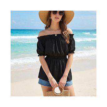 Women's Summer Off The Shoulder Peplum Tops Casual Puff Sleeve Dressy Blouse Shirt