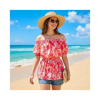 Women's Summer Off The Shoulder Peplum Tops Casual Puff Sleeve Dressy Blouse Shirt