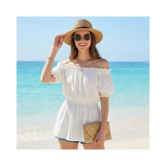 Women's Summer Off The Shoulder Peplum Tops Casual Puff Sleeve Dressy Blouse Shirt