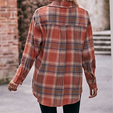 Womens Flannel Plaid Shirts Oversized Long Sleeve Button Down Shacket Blouse Tops