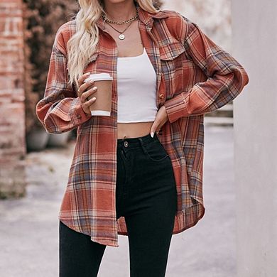 Womens Flannel Plaid Shirts Oversized Long Sleeve Button Down Shacket Blouse Tops
