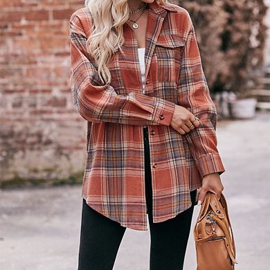 Womens Flannel Plaid Shirts Oversized Long Sleeve Button Down Shacket Blouse Tops