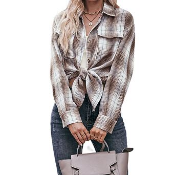 Womens Flannel Plaid Shirts Oversized Long Sleeve Button Down Shacket Blouse Tops