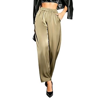 Women's Shiny Satin Wide Leg Pants Elastic High Waist Palazzo Trousers with Side Pockets for Party