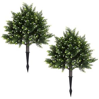 2 Pack 20 Inch Artificial Cedar Shrub with White Berries UV Resistant PE Faux Shrub