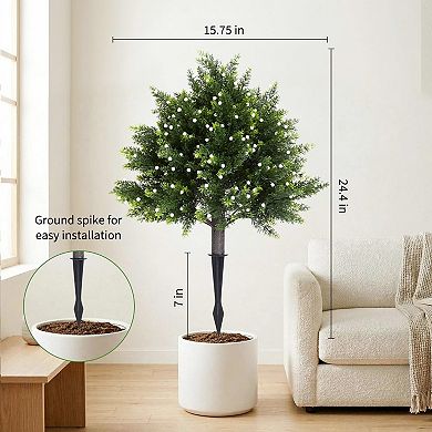 2 Pack 20 Inch Artificial Cedar Shrub with White Berries UV Resistant PE Faux Shrub