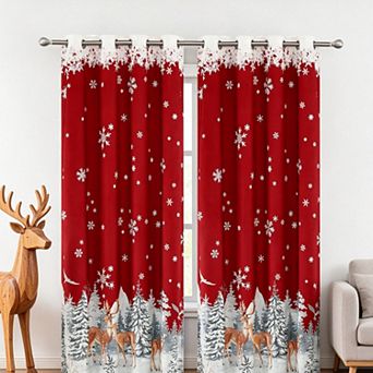 Set of 2 Velvet Christmas Curtains Blackout Window Drapes, Festive Reindeer & Snowflake Print