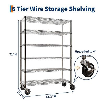 6-Tier Rolling Wire Shelving Unit 47.2x17.7x70.9 In Adjustable Heavy Duty Chrome Storage Rack