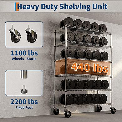6-Tier Rolling Wire Shelving Unit 47.2x17.7x70.9 In Adjustable Heavy Duty Chrome Storage Rack