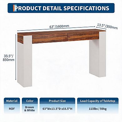 Entryway Table with 2 Drawers, Slim Console Table for Hallway Behind Couch, Narrow Sofa Table