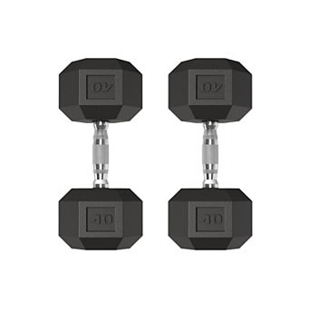 Set of 2 40LB Hex Dumbbells Rubber/PVC Coated Cast Iron Non-Slip Textured Carbon Steel Handles