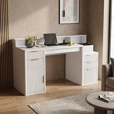 Modern Rectangular Desk with Printer Stand for Home Office, Computer Desk with Storage Drawers