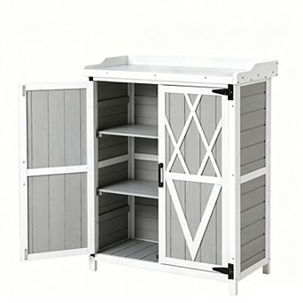 Outdoor Garden Potting Bench with Metal Tabletop, Weather-Resistant Wooden Storage Cabinet