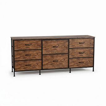 63" Wide 8 Drawer Dresser TV Stand Solid Wood Top, Metal Frame, Fabric Drawers