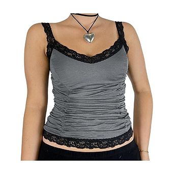 Women's V Neck Wide Strap Ribbed Tank Top, Soft Lace Trim Cami Blouse