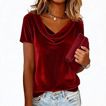 Women's Velvet Cowl Neck Short Sleeve Dressy Blouse